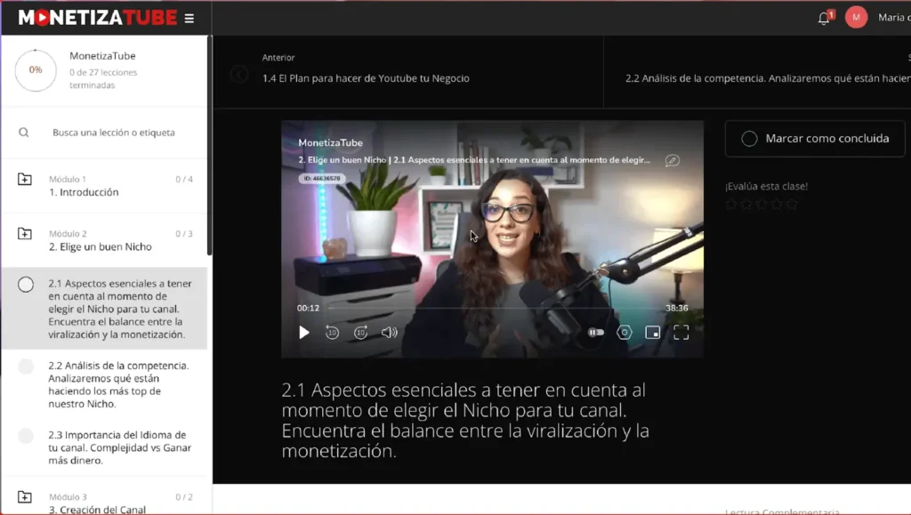 Contenido curso monetizatube de Mari Fuentes